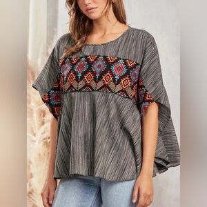 Savanna Jane Gray Poncho Top with Multicolor Embroidered Geometric Pattern